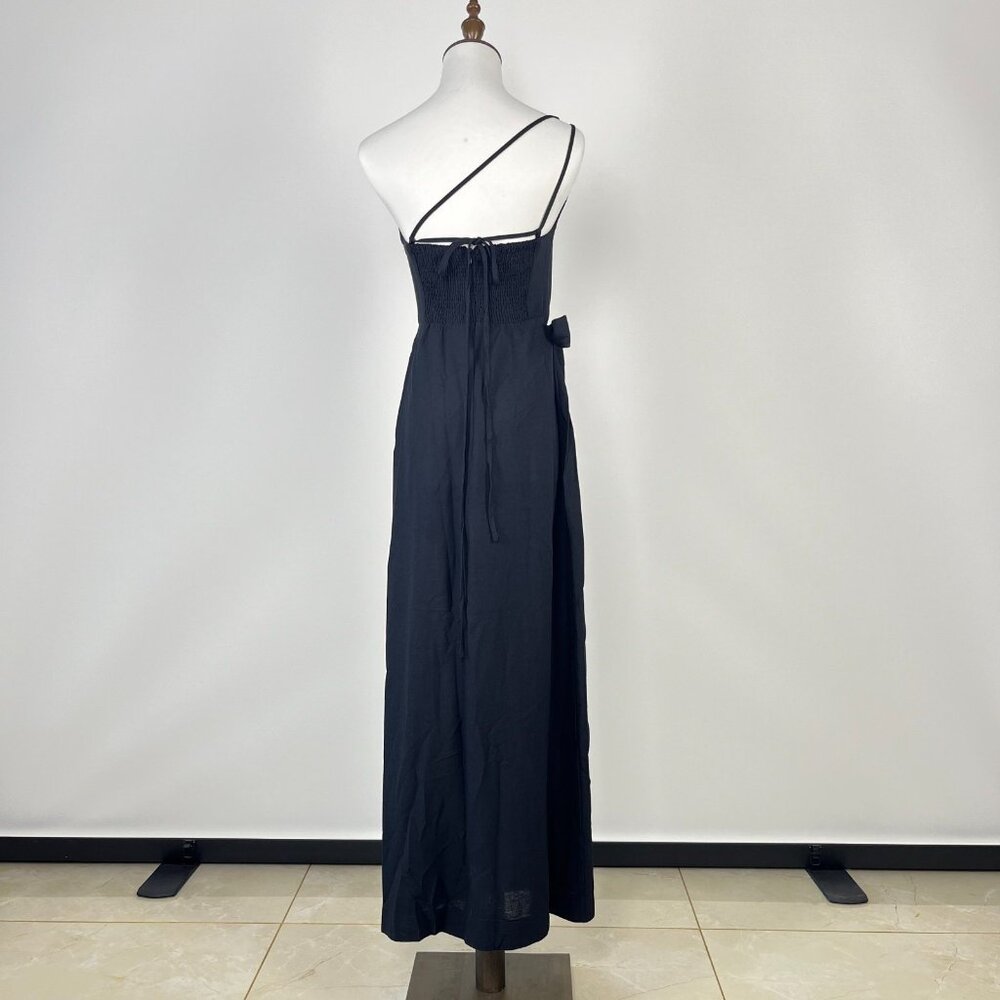 NWT Farm Rio Linen Blend Black One Shoulder Bow Smocked Wrap Maxi Dress Sz L - Picture 6 of 12